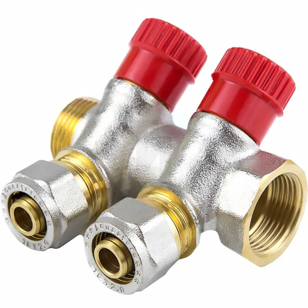 Коллектор Aquasfera 7018-01 3/4″ Ду20 Py16 выходов 2x16 мм обжим с регулирующими клапанами, красные ручки для МП труб, вн/нар резьба, корпус латунь, с межосевым расстоянием выходов 35 мм Коллектор Aquasfera 7018-01 3/4″ Ду20 Py16 выходов 2x16 мм обжим с регулирующими клапанами, красные ручки для МП труб, вн/нар резьба, корпус латунь, с межосевым расстоянием выходов 35 мм