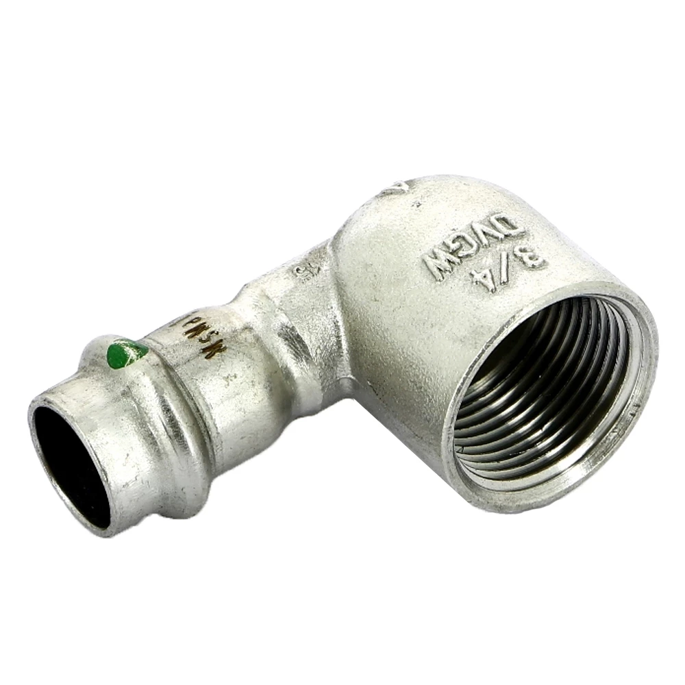 изображение Угольник Viega Sanpress Inox SC-Contur 2314.2 Дн15х3/4″ Ру16 с разъемным соединением и плоской прокладкой, из нержавеющей стали, 90°, внутренняя резьба / пресс 