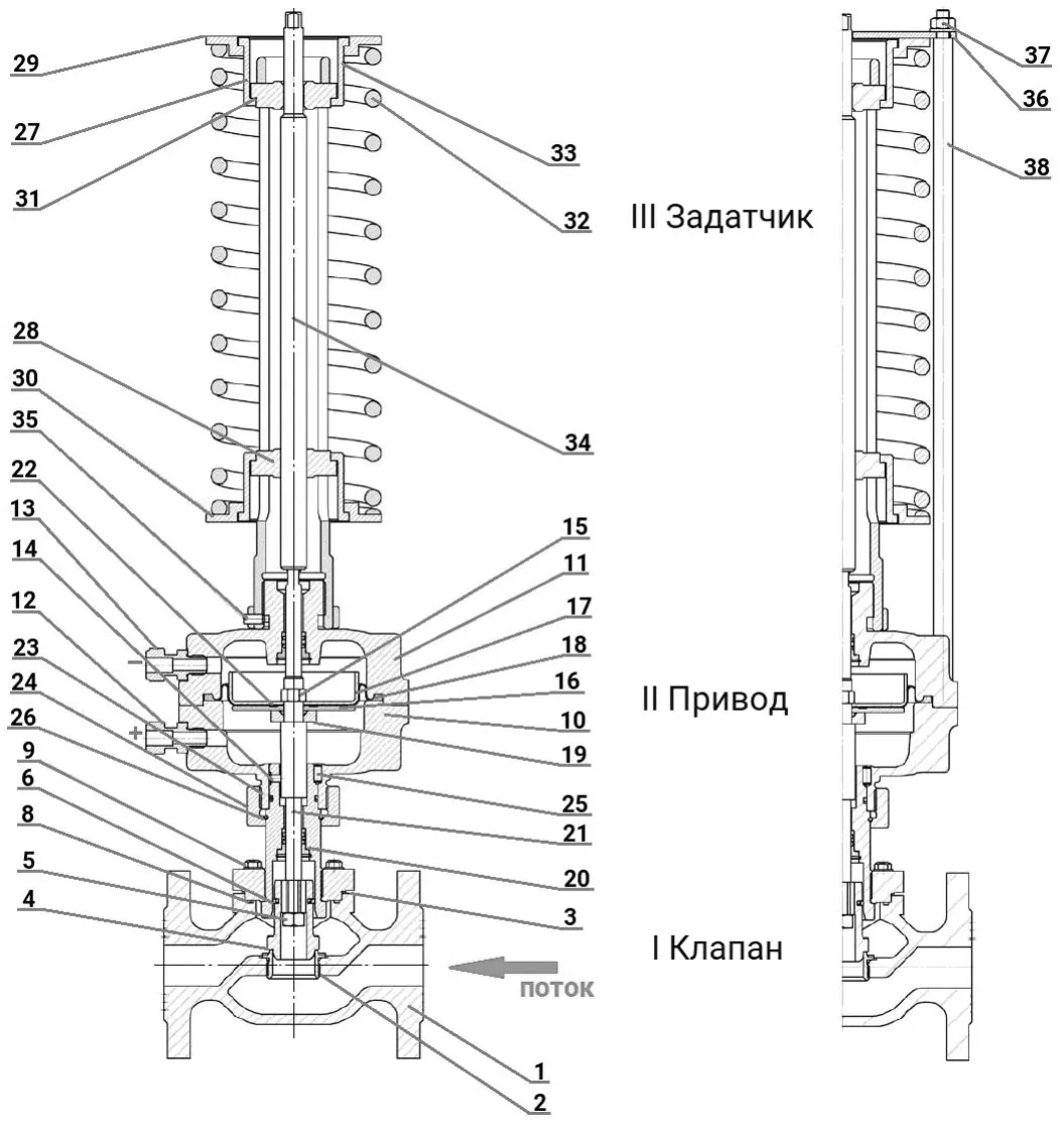 Регулятор давления до себя PRB1030N-F-DA Ду50 Ру16 Kvs16 прямого действия, серый чугун СЧ20, фланцевый, Tmax до 150°С, диапазон настройки 3 (3 - 7 кгс/см2)