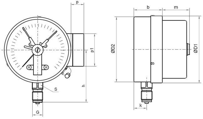 Вакуумметр Росма ТВ-510Р.02 (-0.1-0МПа) G1/2″ 1.5, общетехнический 100мм, тип ТВ-510Р, радиальное присоединение, с электроконтактной приставкой II, резьба G1/2″, класс точности 1.5