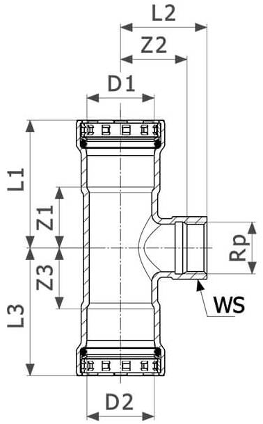 Тройник переходной Viega Megapress с SC-Contur Дн1″x3/4″x1″ Ру16 стальной оцинкованный, присоединение - пресс/внутренняя резьба
