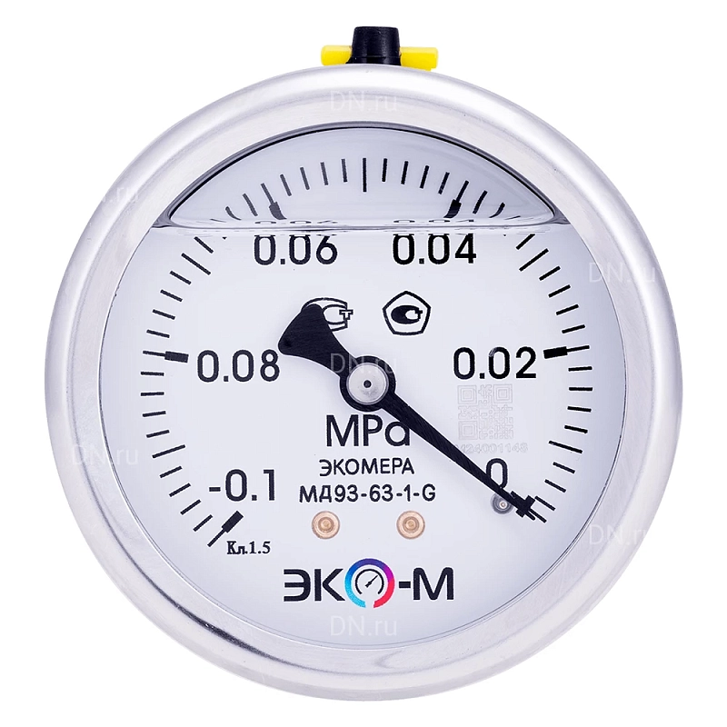 Мановакуумметр ЭКОМЕРА МД93-63 шкала -0.1-0МПа, осевой, гидрозаполненный, корпус 63мм, присоединение G1/4″